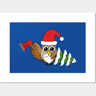 Christmas Owl with Axe and Snowy Pine Tree Posters and Art